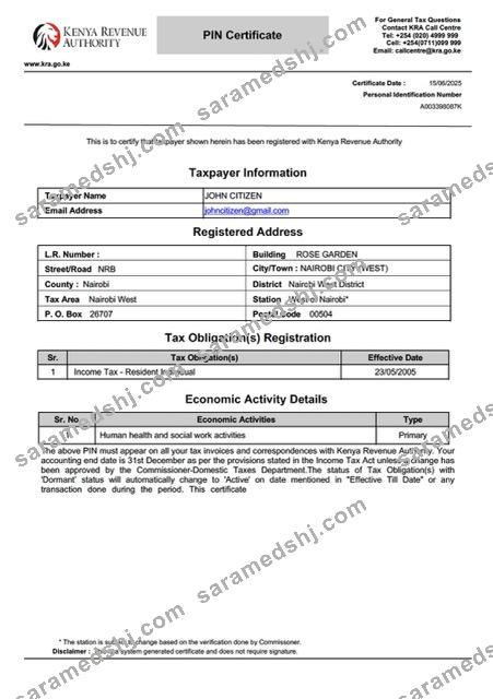 Kenya taxpayer certificate Word and PDF template